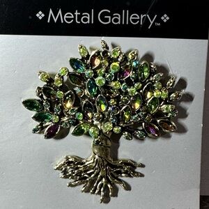 Metal Gallery Gold Tone Green Yellow Rhinestones Tree of Life Brooch Pin New